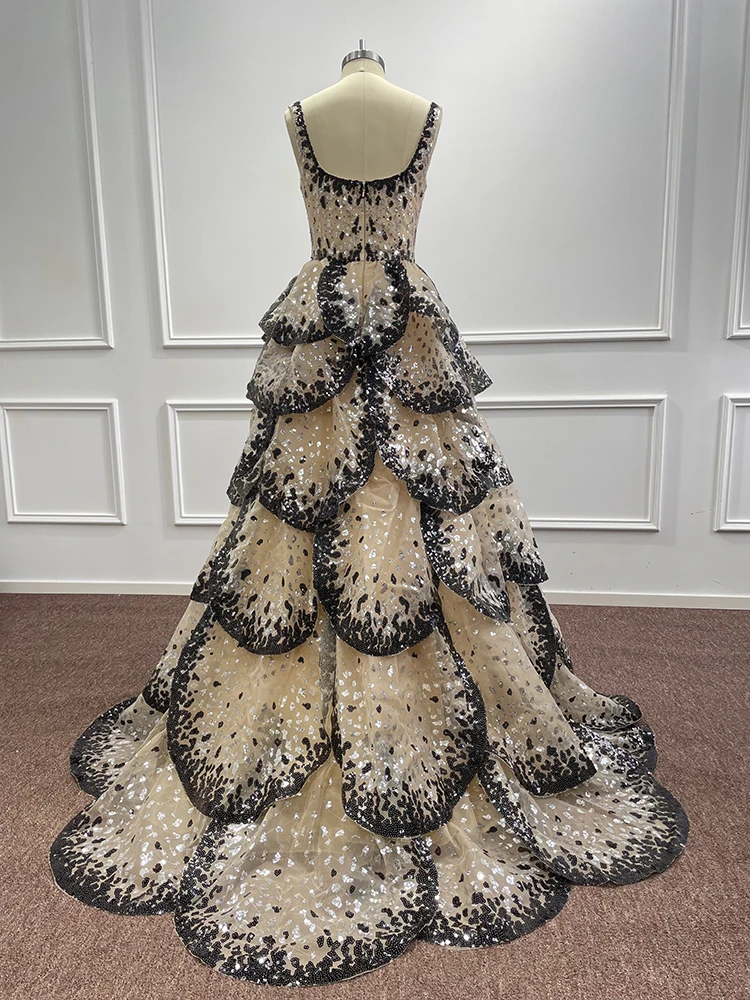 Robe de soirée noire à volants à plusieurs niveaux pour femmes, robe de Rhde Dubaï Arbic, paillettes élégantes, longue robe formelle de fête de mariage, photo réelle