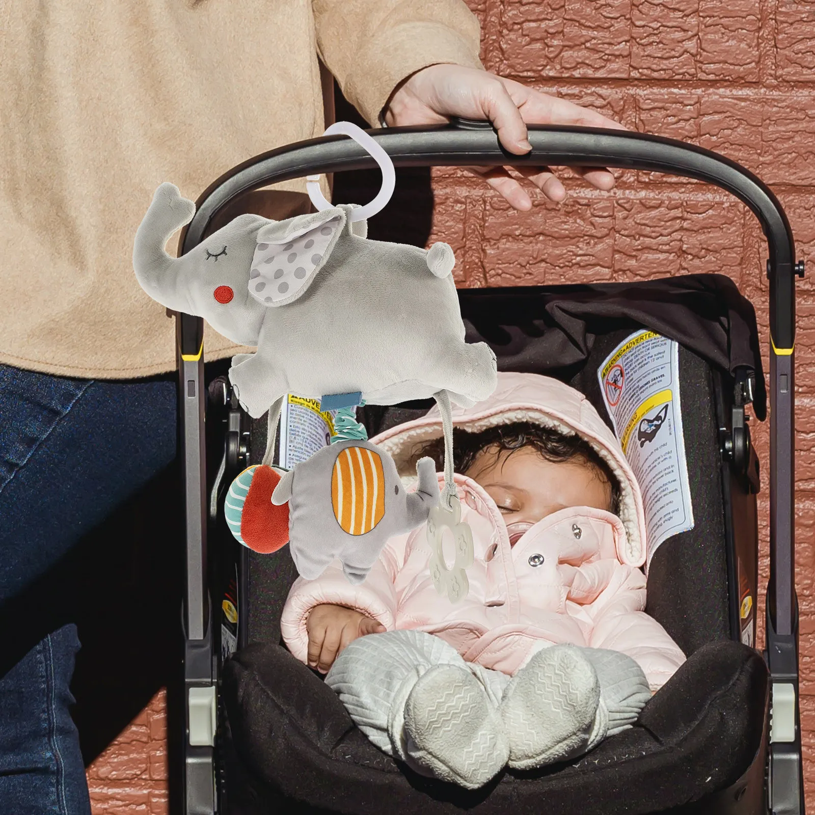 Infant Stroller Car Seat Pull Bell Elephant Visual Sensory Development Bright Color Cartoon Design Hearing Stimulation