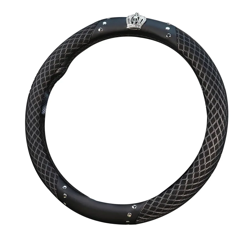 Ice silk Leather Steering Wheel Cover Queen\'s Bling Diamond with Rivets Four Seasons car handlebar Covers For Women Car Styling