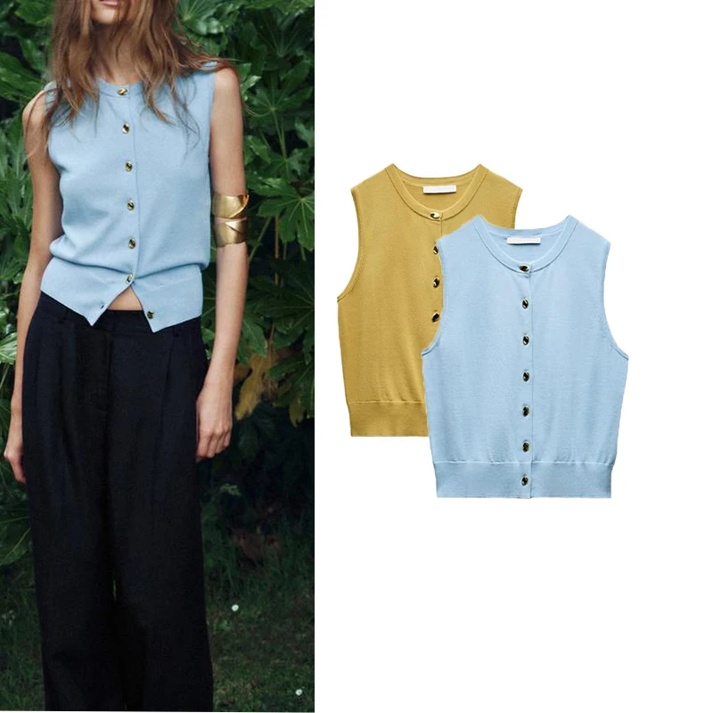 

Gold Button round Ne Svel Knitted Vest Open Cardigan Flat Stitch Top for Women New Arrival Autumn 2024 Commute Sle