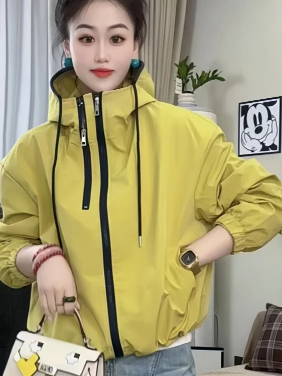 Casual Women's Short Zipper Jacket Double Zipper Hooded Spring Summer Fashionable All-Match Sunscreen Coat Casual Outerwear