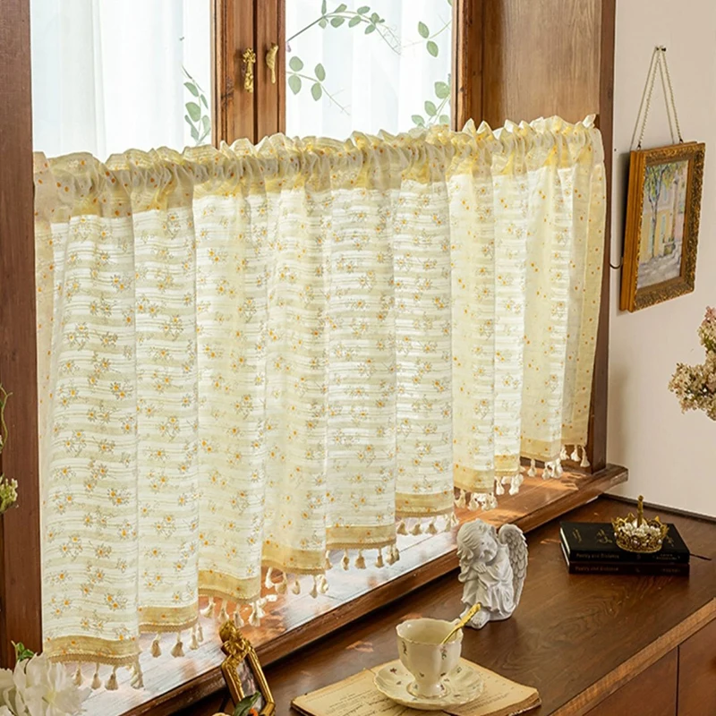 Retro Daisy Semi-sheer Short Curtains Tassel Lace for Bedroom Living Room Kitchen Rod Pocket Blackout Windows Drapes Home Decor