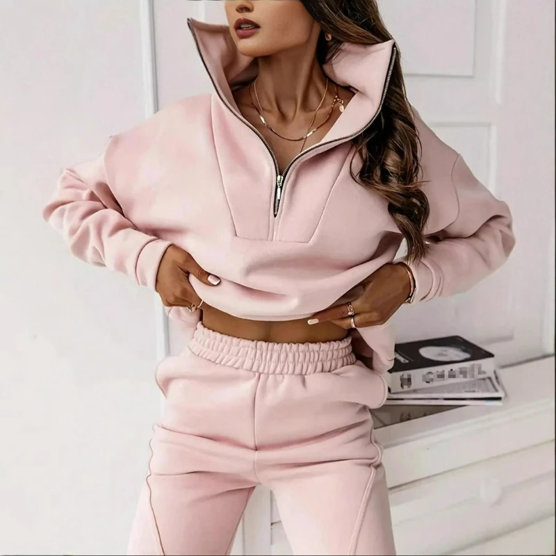 

The 2026 Autumn/winter New Style Solid Color Commuting Casual Zippered Stand-up Collar Hoodie Long Pants Set Is Trendy