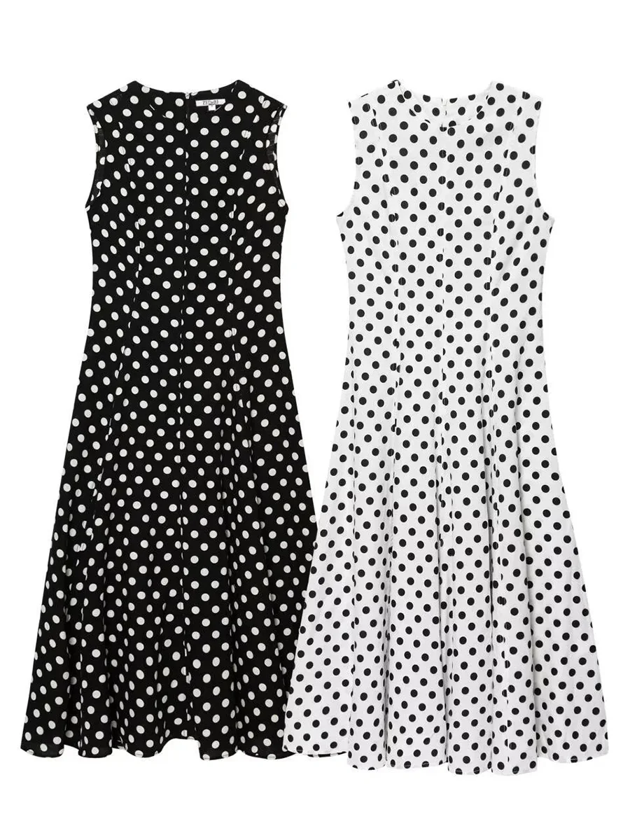 TWOTWINSTYLE ชุดเดรสพิมพ์ลายจุดย้อนยุคฝรั่งเศสสําหรับผู้หญิง O คอแขนกุดเอวสูง ​ ​ พับชุดพรหมหรูหราหญิงฤดูร้อน