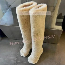 Open Toe Over The Knee Boots Women Big Size Fashion Slip-On Fluffy Fur Warm Comfortable High Heels Shoes Lady Nifty Sexy Boots