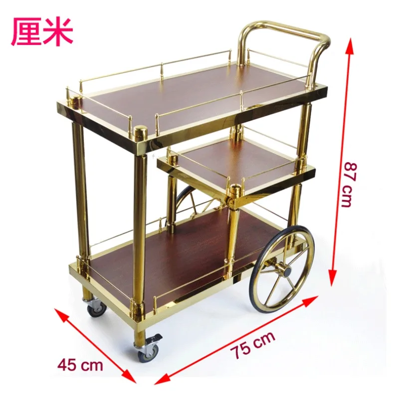 European-style titanium room wine cart steel and wood three-layer service cart hand push KTV wine delivery cake cart royal