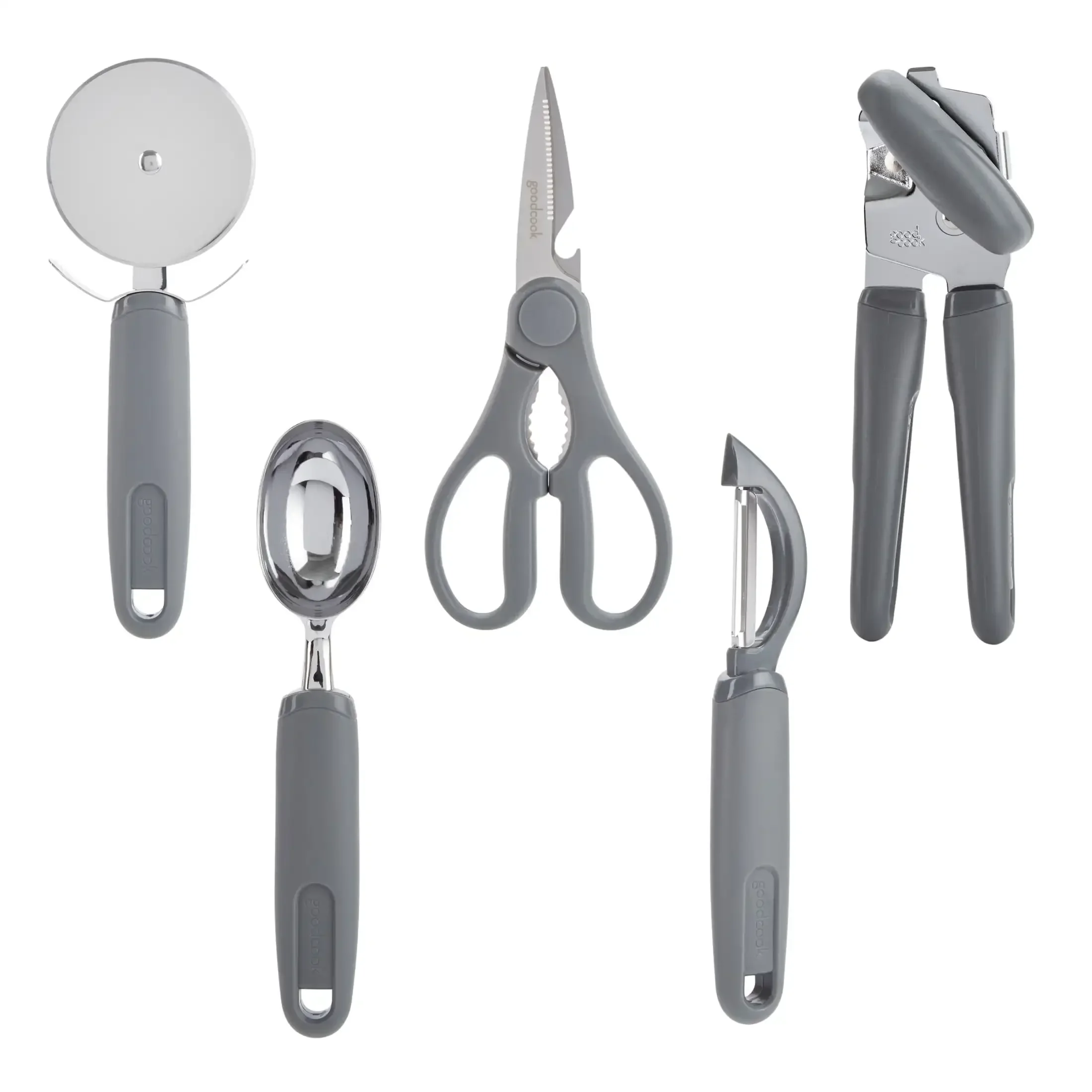 

5 Piece Kitchen Gadget Set Pizza Cutter Shears Can Opener Ice Cream Scooper