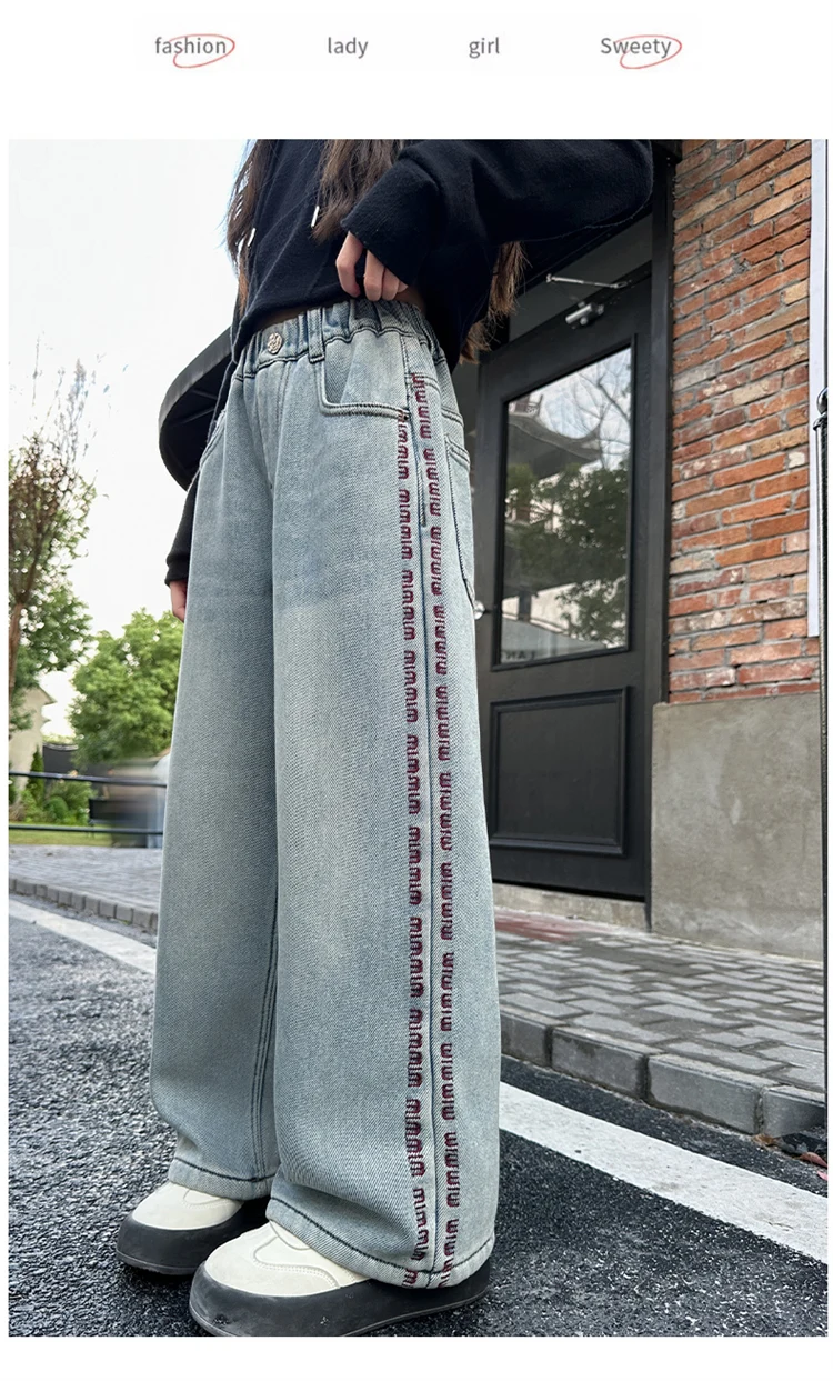 Winter-Thermo-Jeanshosen für Mädchen, lässiger Stil, gerade geschnitten, locker, dick, mit Fleece gefüttert, warme Denim-Hosen für Kinder. – Detail 6