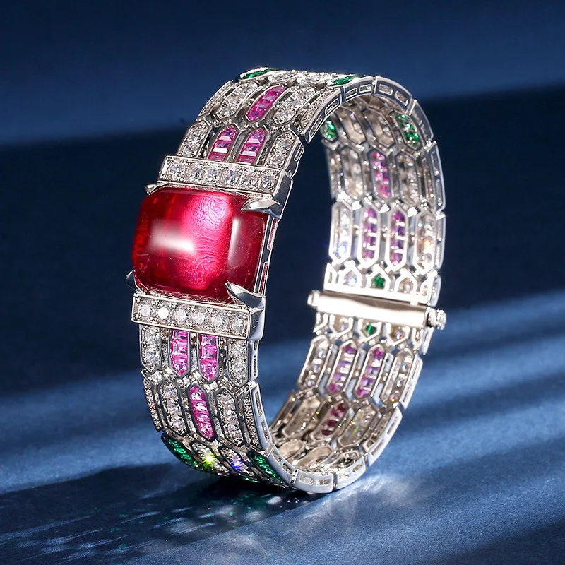 Designer Collection Bracelet Earrings Women Lady Inlay Colored Cubic Zircon Synthetic Ruby Hollow Out Dinner Party Bangle