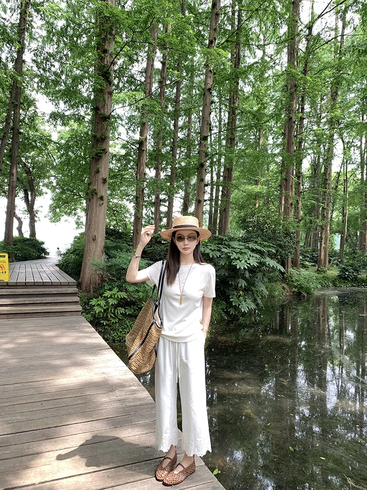 

Женские повседневные хлопковые брюки с вышивкой, белые, длиной 9/10, дышащие, утягивающие, летние, комфортные, для работы и отдыха, модные