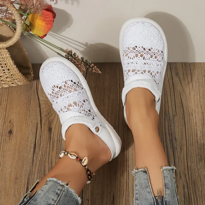 2024 Summer New Two Wear Baotou Sandals with Lace Breathable Soft Sole, Casual and Versatile Hollow Flat Shoes for Women