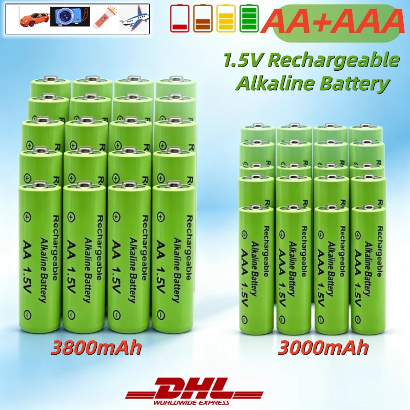 Batterie ricaricabili AA + AAA, AA 1,5 V 3800 mAh / AAA 1,5 V 3000 mAh, batterie alcaline per torce, giocattoli, orologi, lettori MP3, sostituiscono le batterie Ni-Mh.