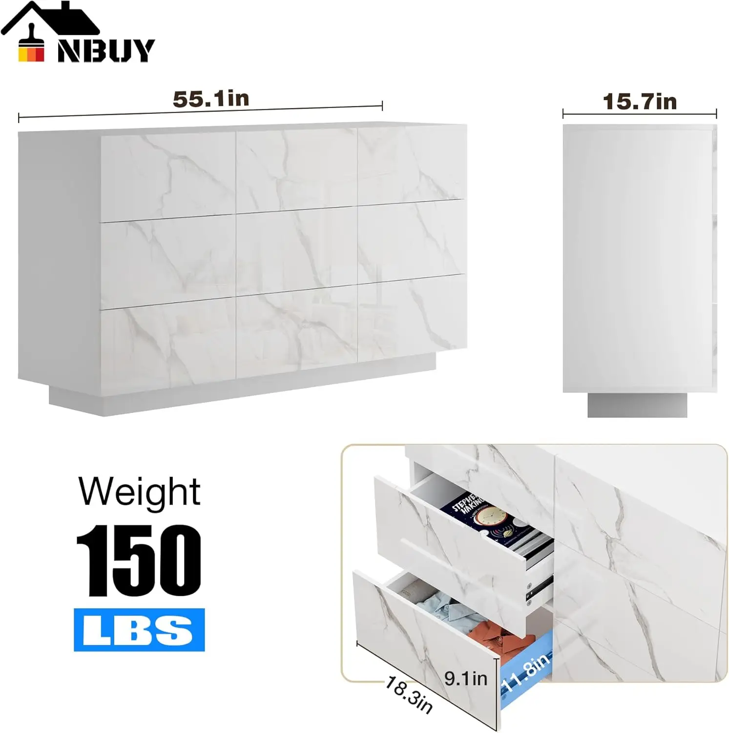 Anbuy Led 9 Drawerdresser White Marble Double Dresser, Dressers With High Gloss Drawers Dual Chest Of Drawers Modern Dresser