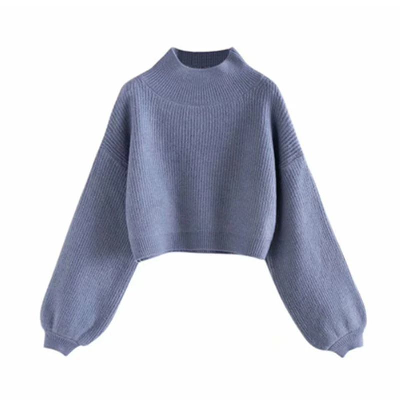 Autumn Winter Turtleneck Sweater Women Solid Color Lantern Sleeve Short Pullover Casual Warm Thick Knitted Shirt