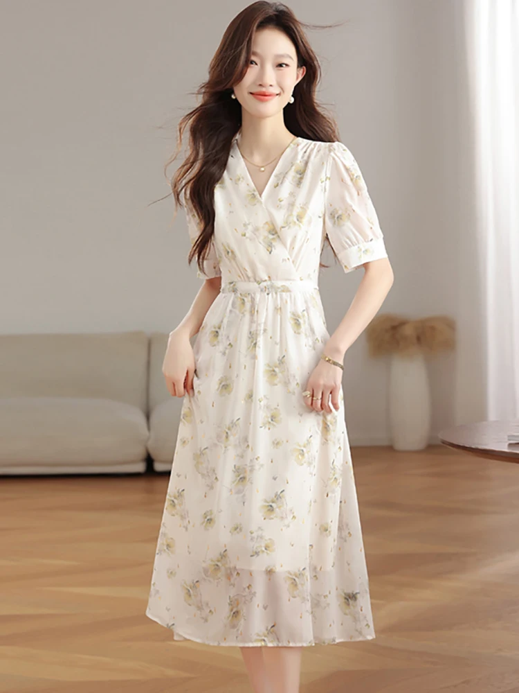 

Women Floral Chiffon Bodycon Office Lady Dress Summer Short Sleeve V-Neck Casual Dress 2025 Korean Elegant Chic Festival Dresses