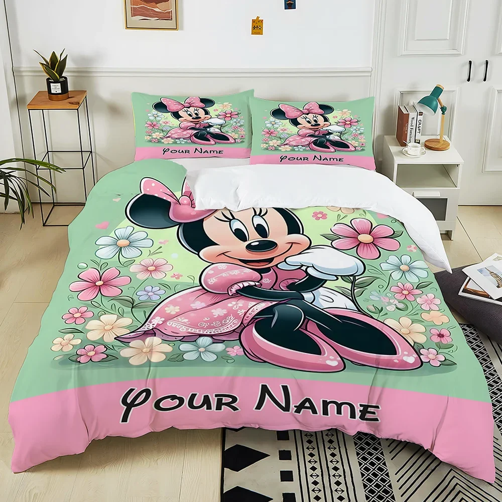 

Cute Cartoon M-Minnie Pattern Custom Name Quilt Cover Pillowcase Bedding Set Kids Adult Bed 3-piece Children Adult Surprise Gift
