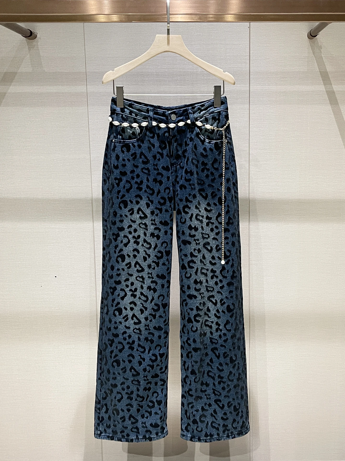 Hoge taille Fce gevoerde denim jeans met rechte pijpen Luipaardprint Vintage Sle Dames Winter Faion Afslankende blauwe jeans