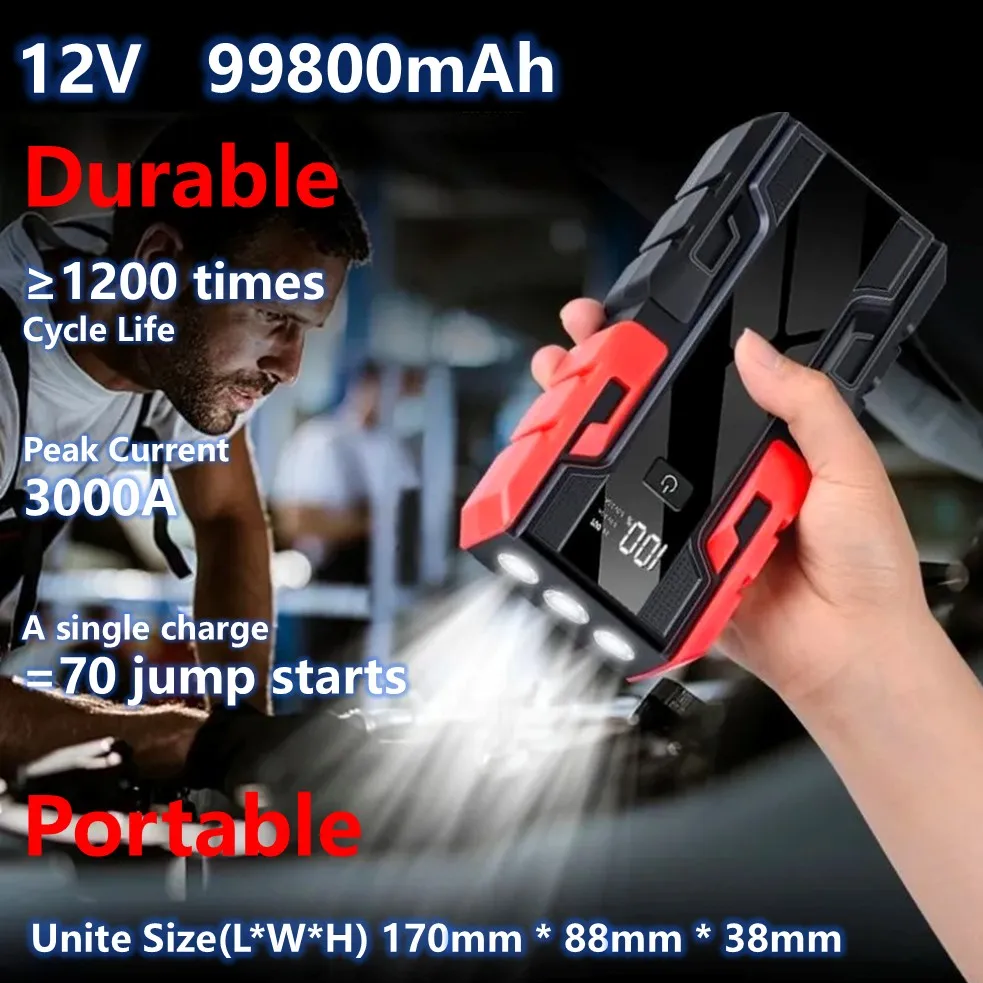 Waterproof Car Jump Starter Safe 3000A Peak Lithium Jump Starter Battery Pack 10-Layer Safety Shield LED Flahlight Dual USB Port