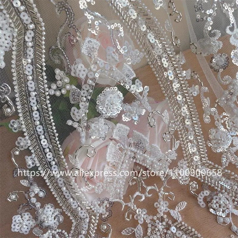 Embroidered Lace Fabric for Wedding Dress, 3D Flowers Beaded Sequins, Pearl Tube, Senior Shining Bride Fabric, RS4076