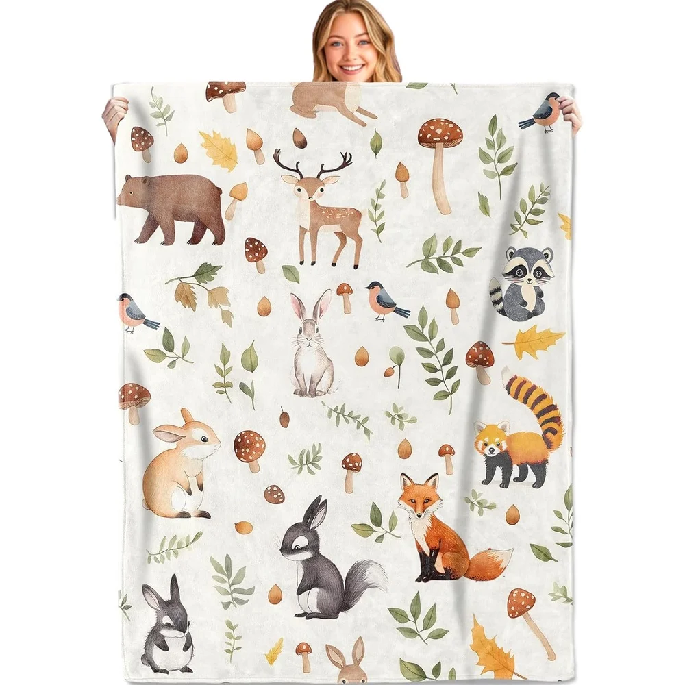Woodland Animal Throw Blanket, 50x60in, Soft, Lightweight Flannel, Cute Retro Forest Blankets - Gifts for, for Couch Office Trav