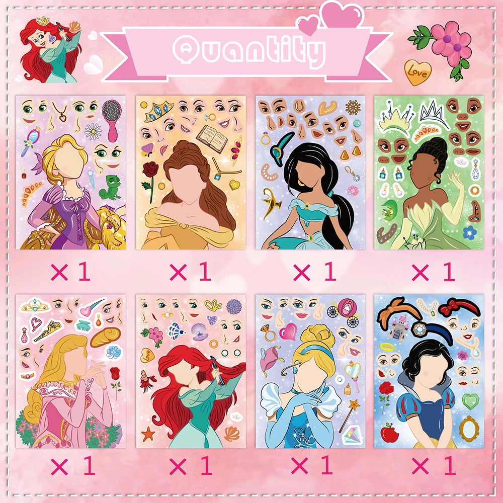 8/16Sheets Disney Princess Puzzle Stickers Make-a-Face Children DIY Assemble Jigsaw Educational Toys Party Favors For Kids Girls