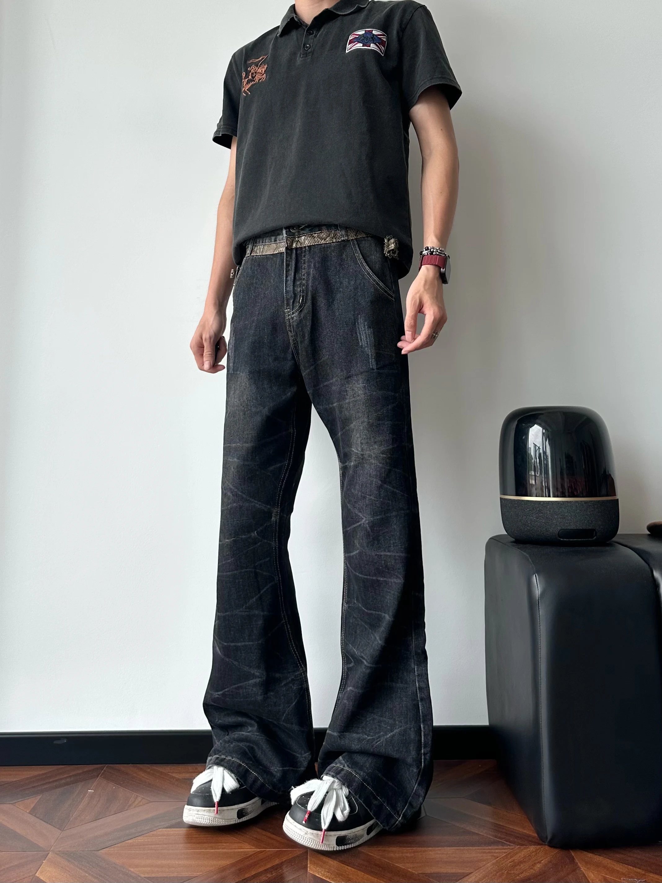 Snake Print American High Street Embroidered Flared Jeans Men's Subculture Design Slim Fit Bell Bottoms Trendy mid Waist Zipper