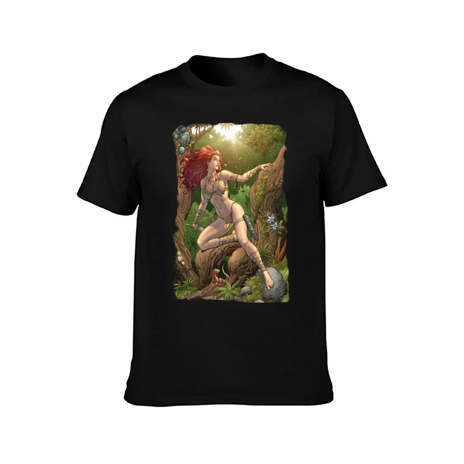 Redhead Cavewoman in Jungle by Al Rio T-Shirt Industrial Work Tee Shirt T-Shirt