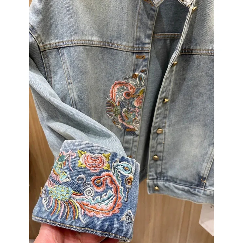 Veste en jean à manches longues pour femme, vêtement d'extérieur de haute qualité, mode coréenne, simple boutonnage, manteau brodé de Cowboy, automne
