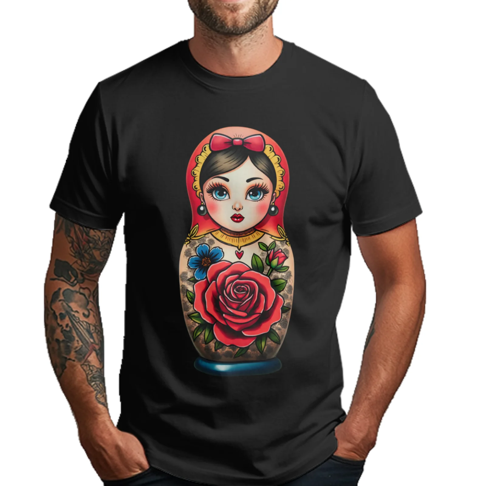 Matryoshka Doll Rose Flower Tattoo Art Men'S Round Neck Short Sleeve Soft Breathable Fabric