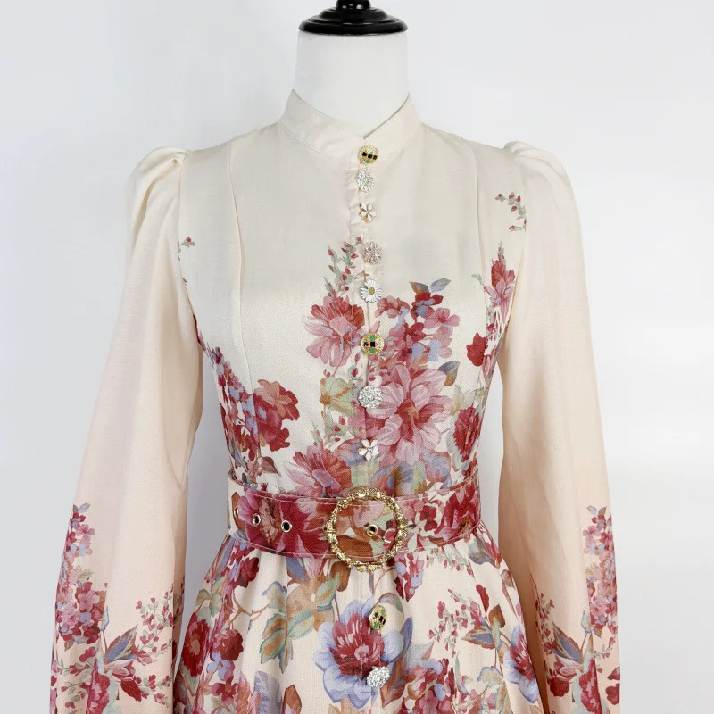 レトロプリントロングドレススタンドカラーシングルボタンランタンスリーブレディース春夏秋ファッションミッドウエストAラインドレス