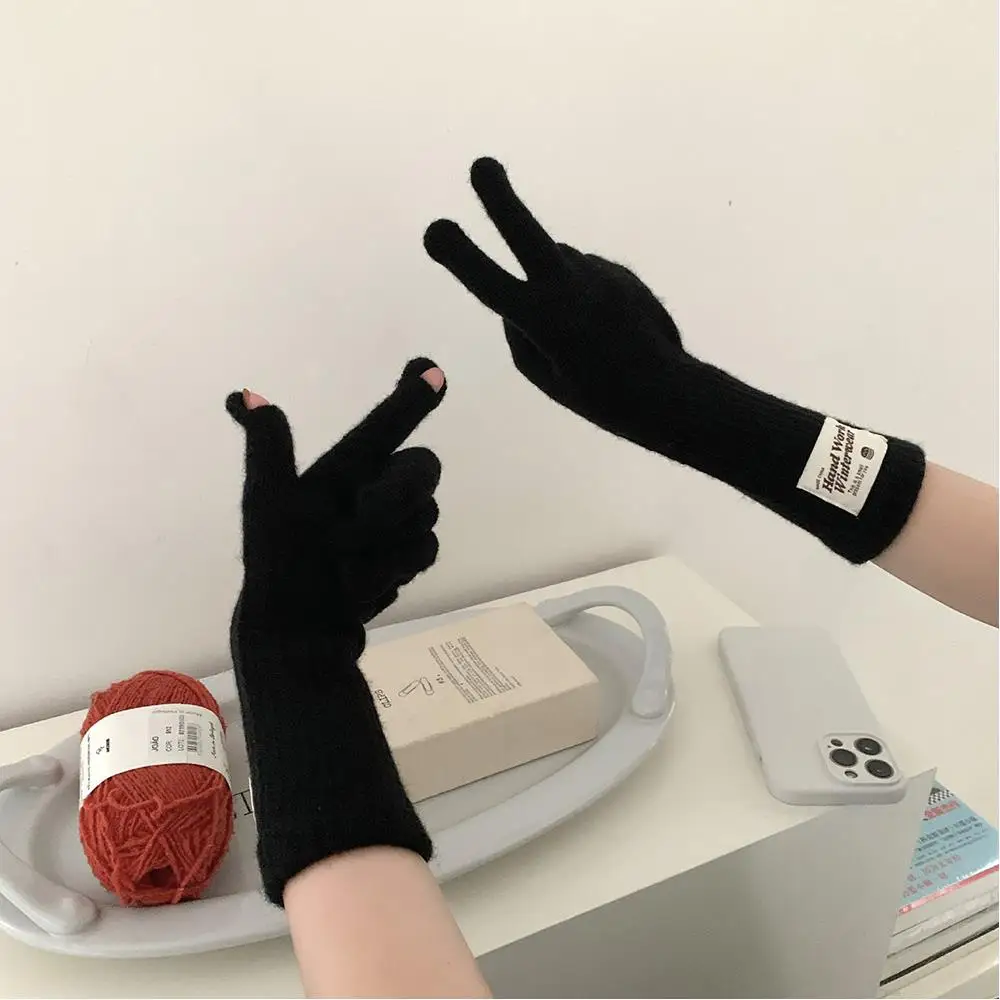 Y2K Cute Long Solid Color Knitted Label Girls' Gloves Five Finger Touch Screen Gloves Anti-cold Autumn Winter Thickened Mittens