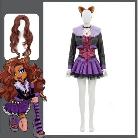 Clawdeen Wolf Cosplay Costumes Y2K Gothic Punk Faux Leather Outfit Wig for Women Halloween Cosplay Costume for Comic Con Party