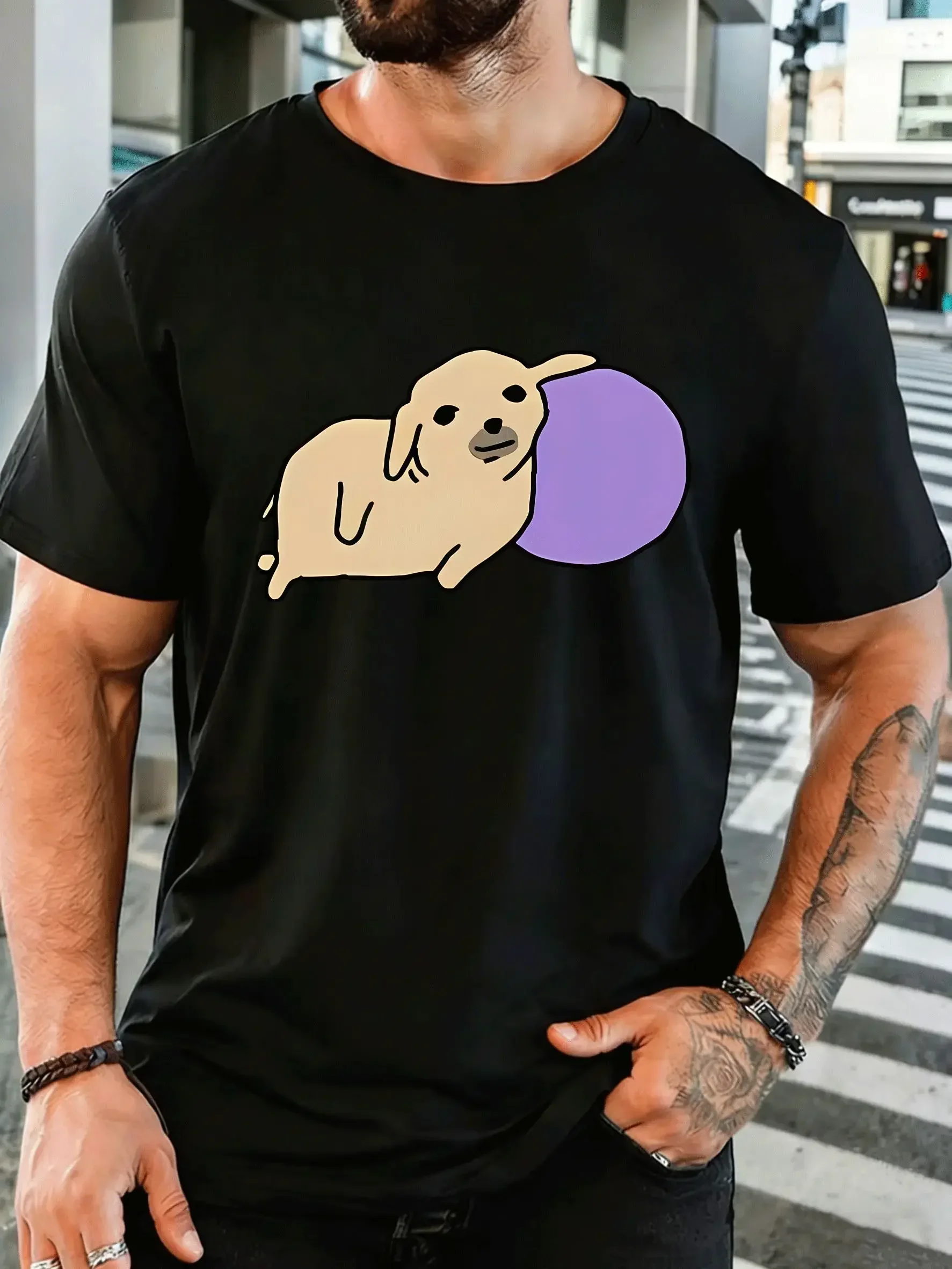 Men Cute Dog With Purple Ball Cartoon T Shirt Short Sleeve Crew Neck Animal Print Tees Casual Loose Tops For Male Streetwear