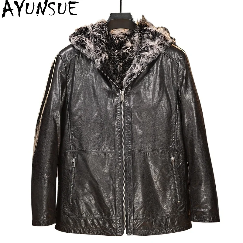 

AYUNSUE Real Cowhide Genuine Leather Jacket Men Warm Winter Lamb Fur Lining Coat Man Hooded Black Fur Coats Cow Leather Jackets