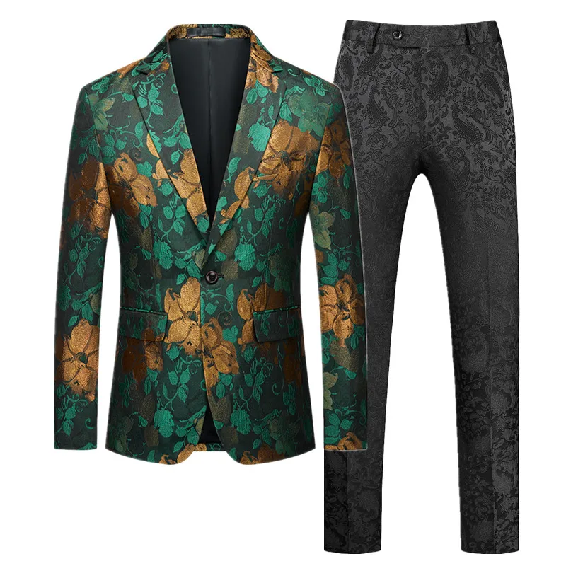 ( Jacket + Pants ) Men Jacquard Suit 2024 New Male Wedding Dance Party Flower Blazers and Trousers Large Size 6XL