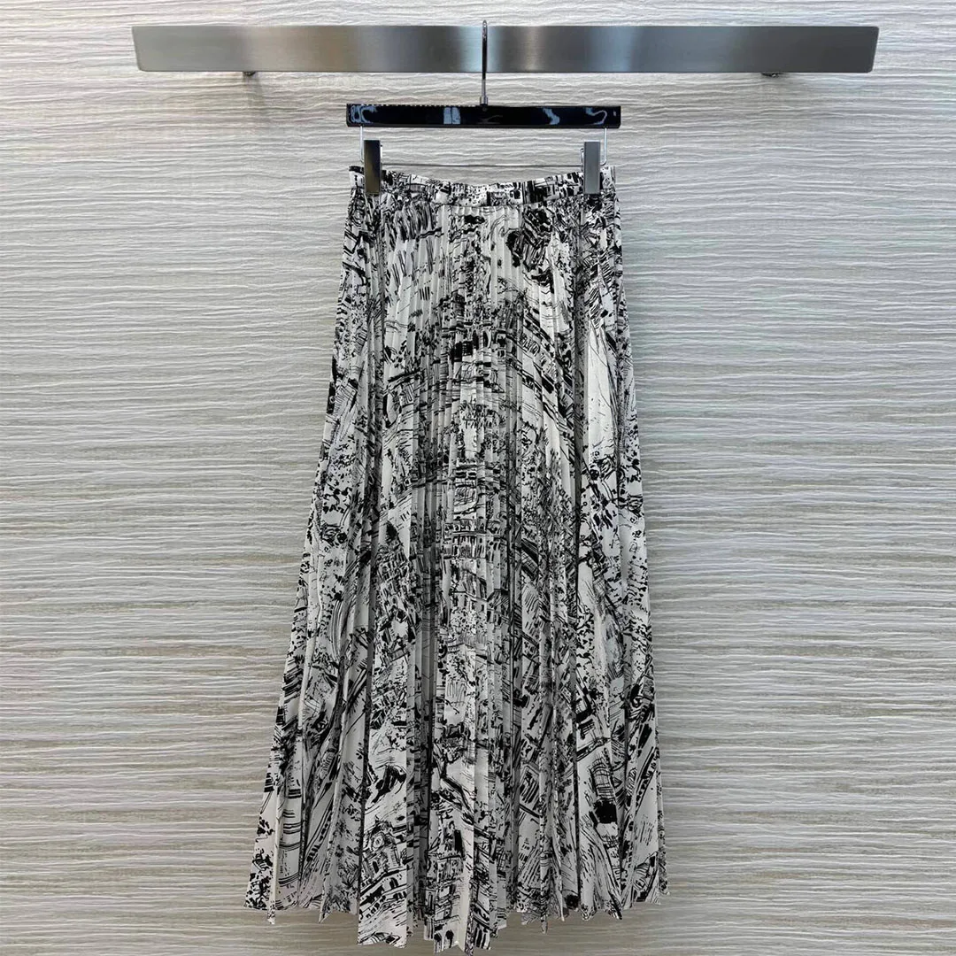 2024 New Autumn Fashion Print Pleated Long Skirts Womens High Waist Big Bottom All-matched Skirt