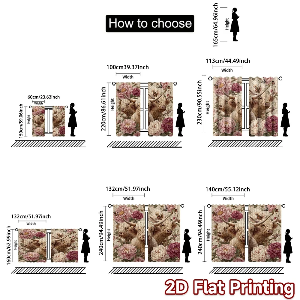 2D FLAT PRINTING 2pcs Curtains (Without Rod) Farm Animals and Flowers Print Chic Curtains Versatile Polyester Fabric Curtains