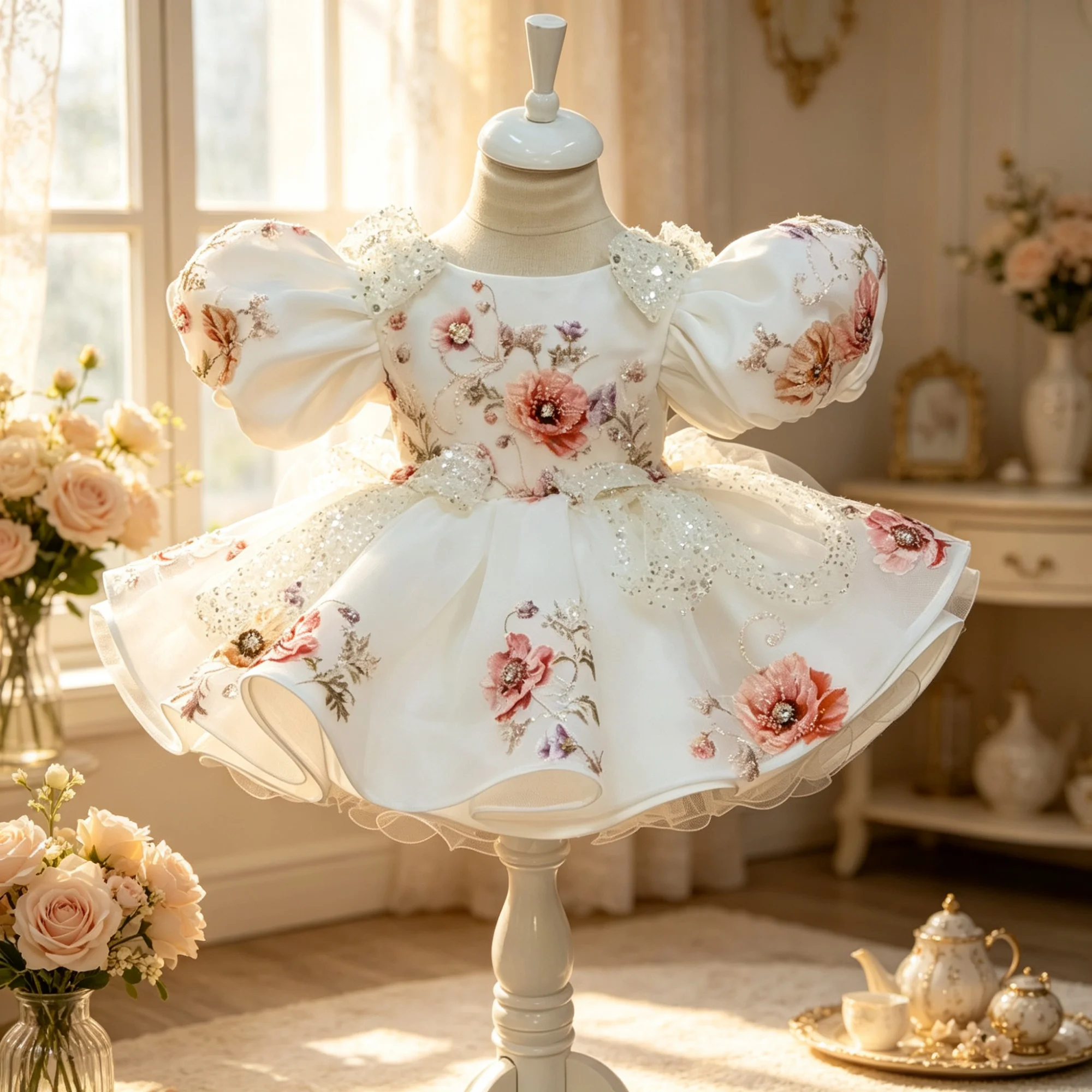 Weißes Mädchenkleid mit Puffärmeln, Prinzessinnenkleid mit Blumenstickerei und Pailletten, Ballkleid für Kinder, Blumenmädchenkleid für Hochzeit, Taufe, Geburtstag, Party – Detail 4