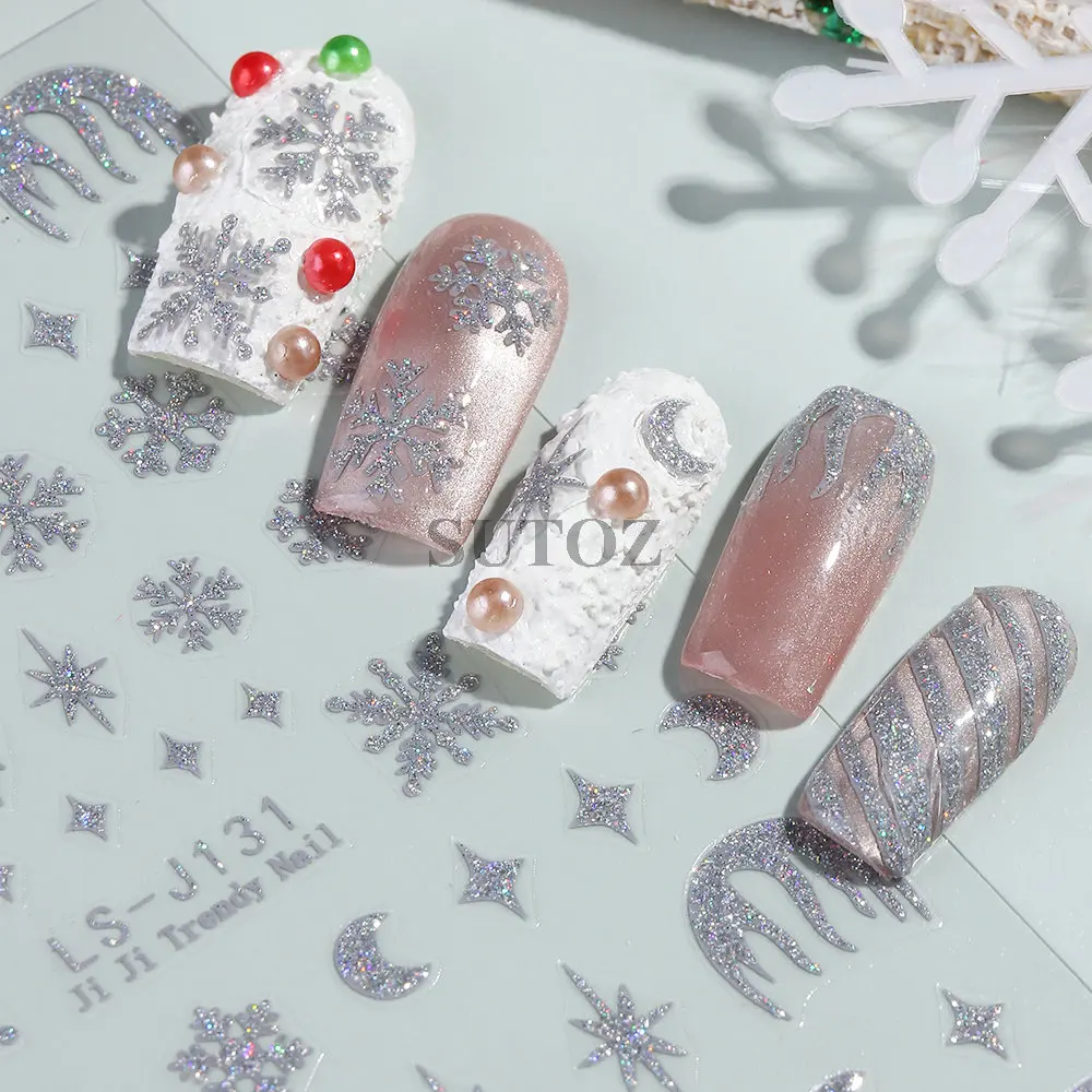 Weihnachten weiße Schneeflocke Nail Art Aufkleber Glitter Gold Mond Aufkleber Silber Kreuz Stern Schieber egler für Nagel Winter Maniküre Dekor nllsj