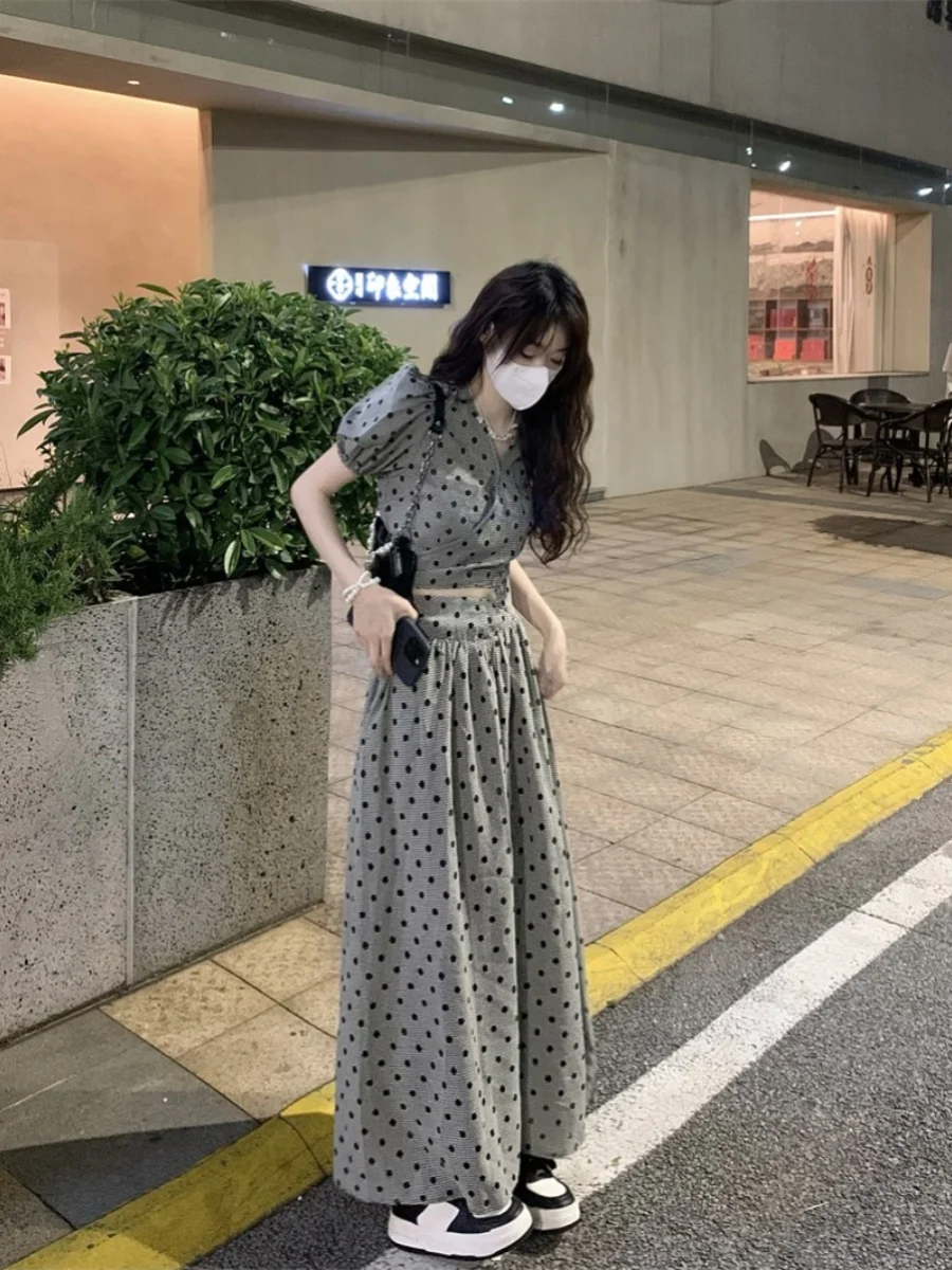 

Summer Polka Dot ter Ne ort Top And High Waist f Length Skirt Bubble Sve Women's Set High Waist Midi Dr