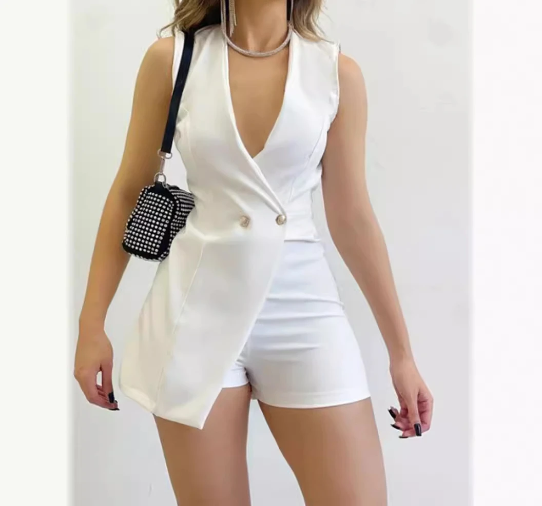 Woman Short Jumpsuit Summer 2024 Solid Color Sleeveless Slim Fit Sexy Fashion Elegant High Waist Office Jump Suit for Female