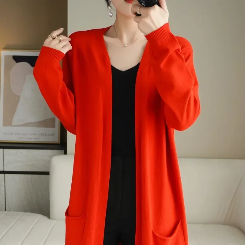 Sweaters Long Coats Women Knitted Solid Full Sleeve Pockets Thick Mid Length Cardigan Splice Loose Open Stitch Autumn Winter