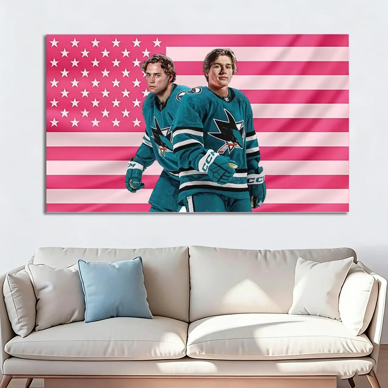 San Jose Sharks Pink US Flag Tapestry, Hockey Player Wall Hanging for Man Cave Bedroom Decor, Fan Gift