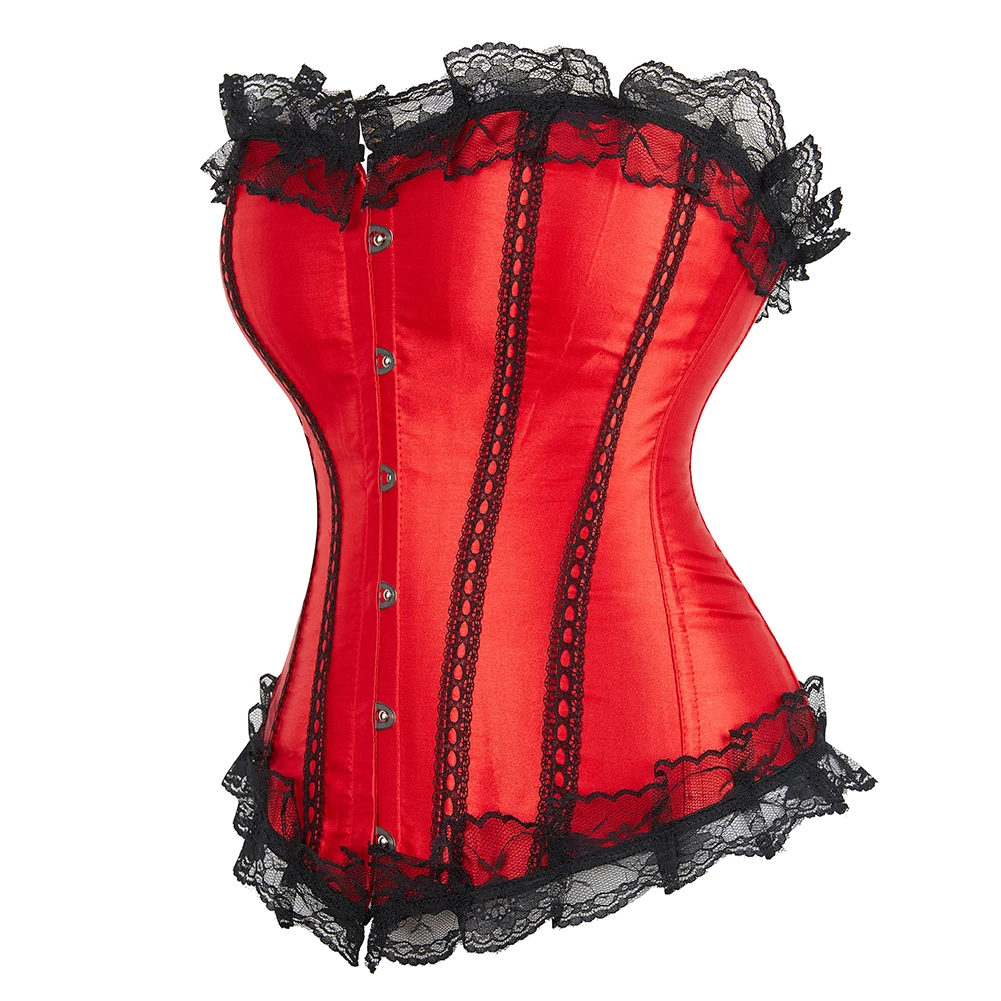 Overbust Corset Lace Trimmer Waist Bustier Top Satin Red Basques Corselet