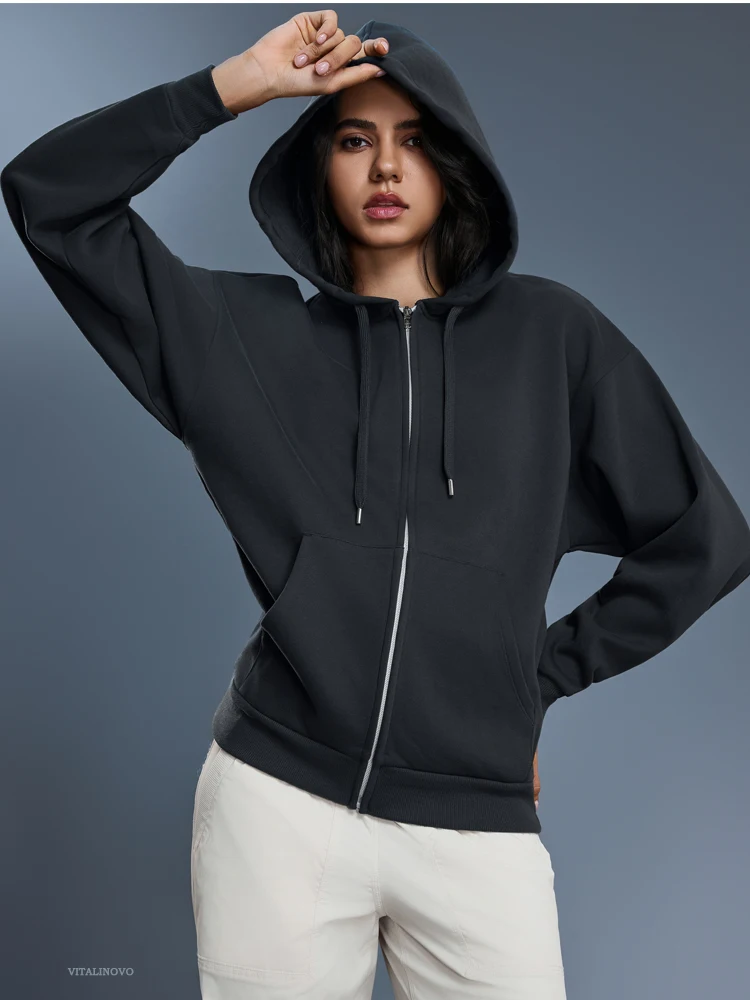 VITALINOVO Damen-Herbst-Kapuzenpullover mit Reißverschluss, Sweatshirts, Fleece-gefütterte Winterjacke mit Kapuze und Kordelzug, locker sitzende Trainingsjacken, Oberteil – Detail 3