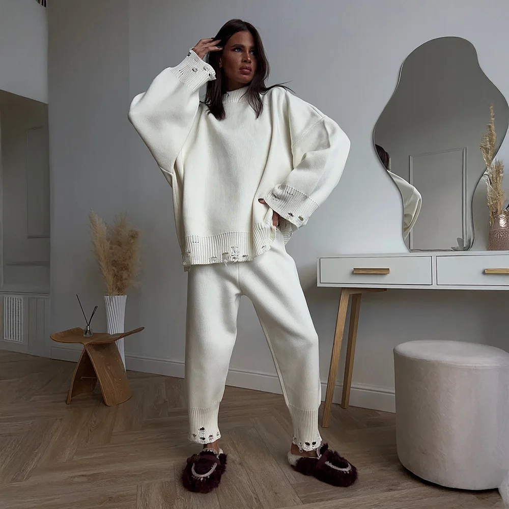 

Two Piece Pant Sets Women Warm Sweaters O Neck Holes Loose Solid Knitted Long Pants Casual Suit Lady Sporty Autumn Winter 2025
