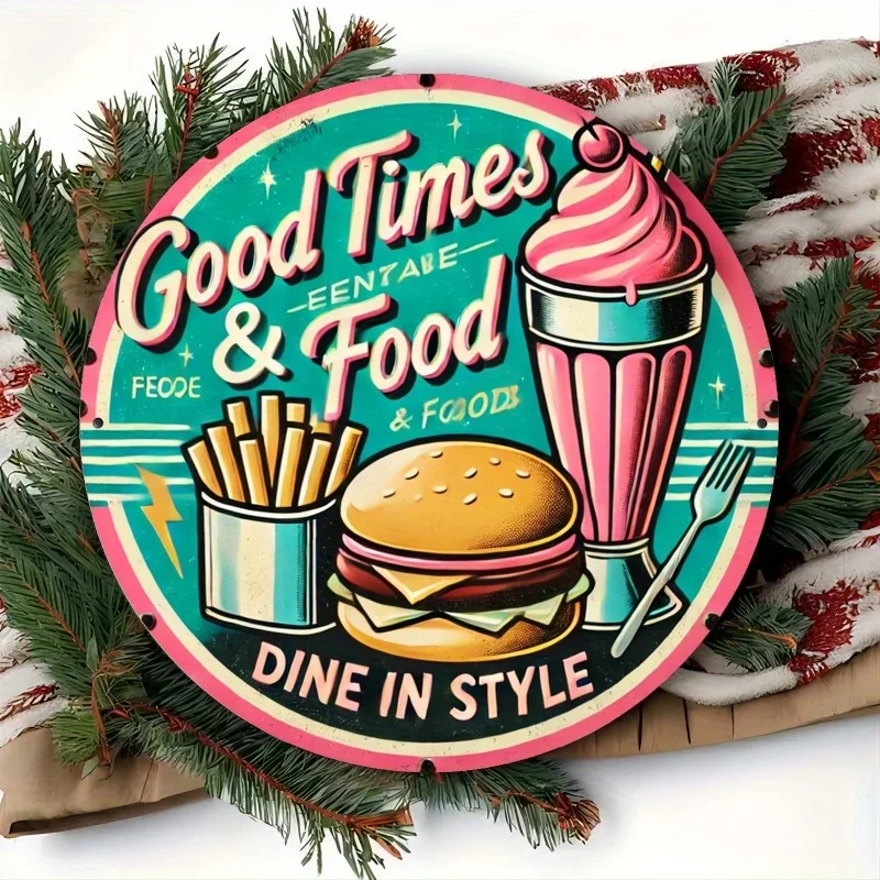Vintage American Diner Metal Wall Art - 8x8 Inch Aluminum Retro Burger Fries Milkshake Decor with 