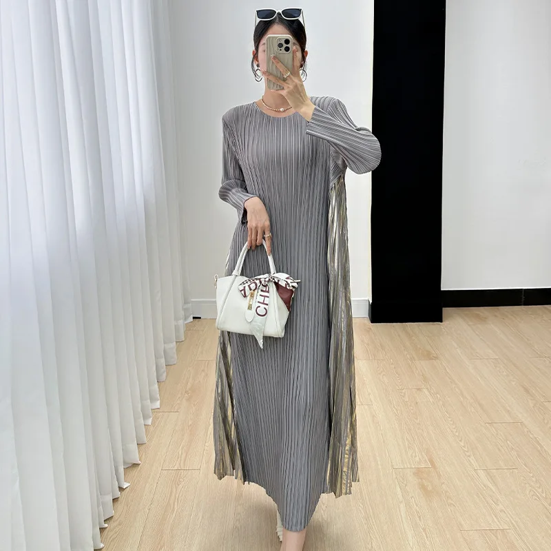 Miyake Dress Women\'s Fall 2024 New Style Commuter Style Loose and Slim Fashion Style Long Sleeve Mid Length Dress