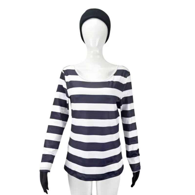 Halloween ladrão cosplay trajes ladrões uniforme manga comprida listrado conjunto camiseta chapéu meia acessórios roupas de carnaval de halloween