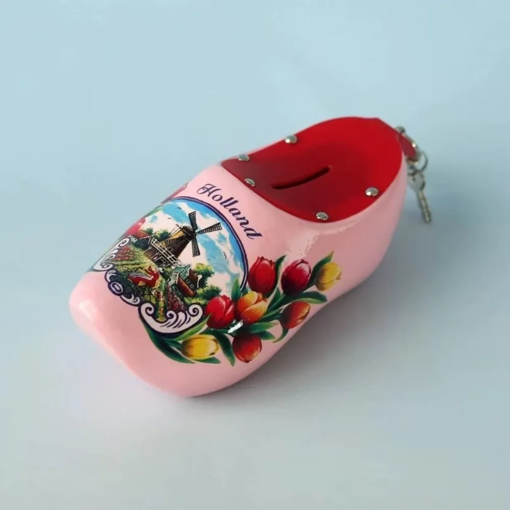 15cm Wooden Shoes Piggy Bank Wooden Material Decorative Figurine Wooden Clog Piggy Bank Miniature Holland Craft